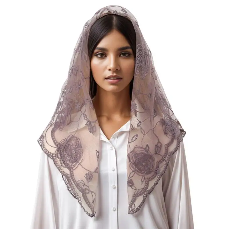 

39BD Lace Trimmed Head Scarf Mass Headwrap Female Catholic Chapel Scarf Travel Shawl
