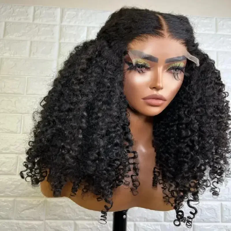 180Density 26Inch Long Black Kinky Curly Glueless Lace Front Wig For Women With Baby Hair Preplucked Daily