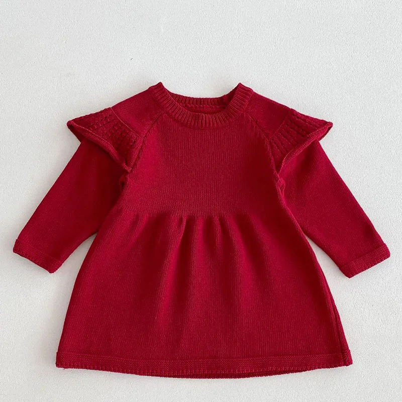 2024 New Autumn Children Knitted Clothes 1-6Yrs Girl Long Sleeved Solid Color Knitting Party Dress Kids Princess Dresses