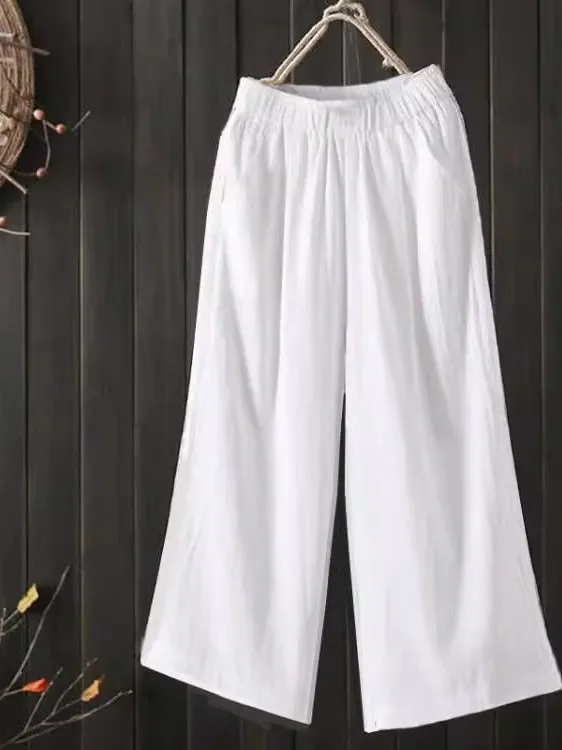 Summer 2024 Thin Wide Leg Cotton Linen Casual High Waist Slim Straight Tube Pants for Women Mom's Clothing Casual Pants