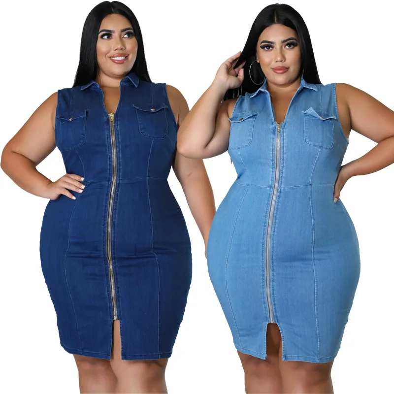 2022 Summer Clothes Sleeveless Zipper Denim Dress Plus Size Women Tank Elegant Dresses Fashion Lapel Wholesale Dropshipping