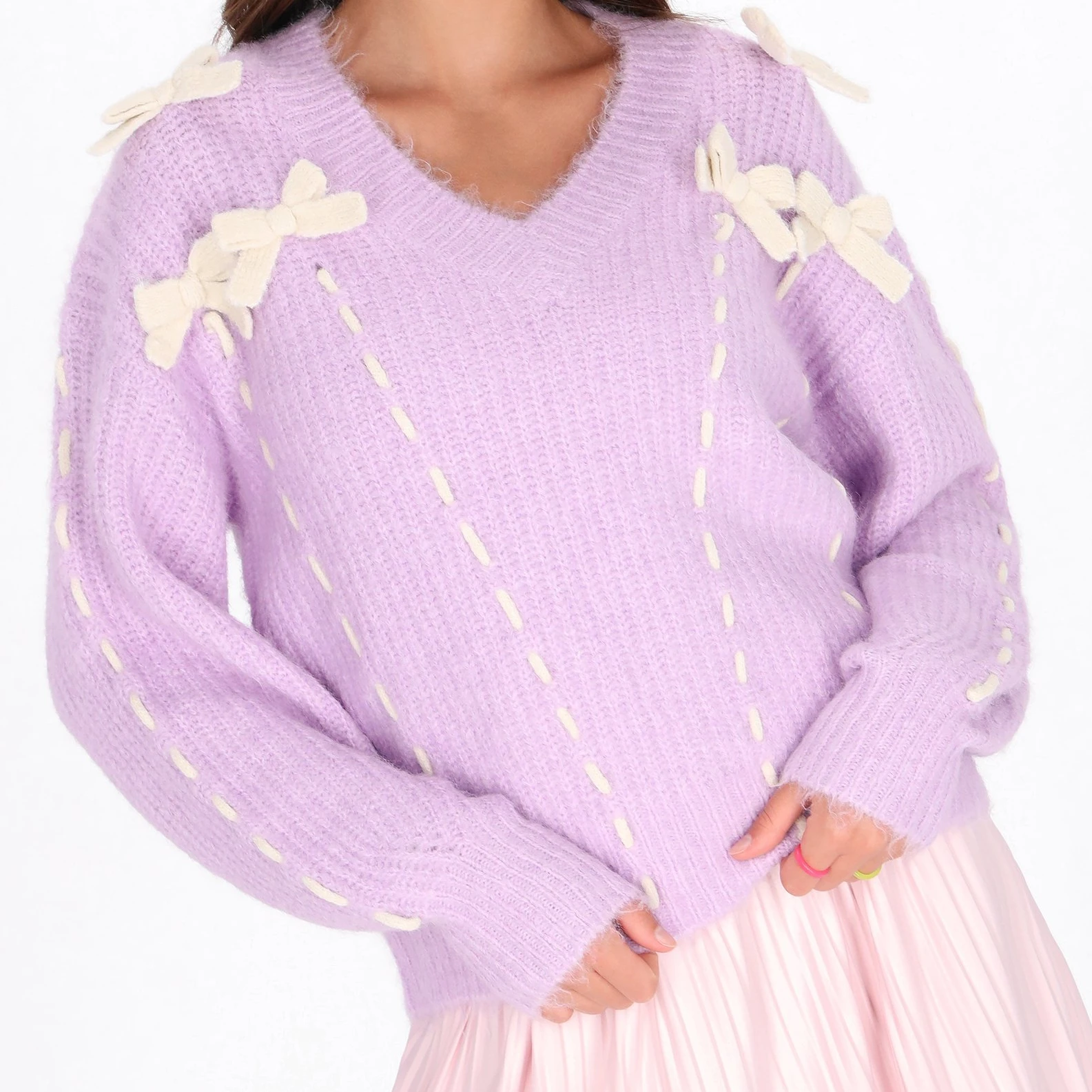 

Valentine's Day Sweet Bow Sweater Bow Appliques Premium Quality Long Sleeve V Neck Knit Pullovers