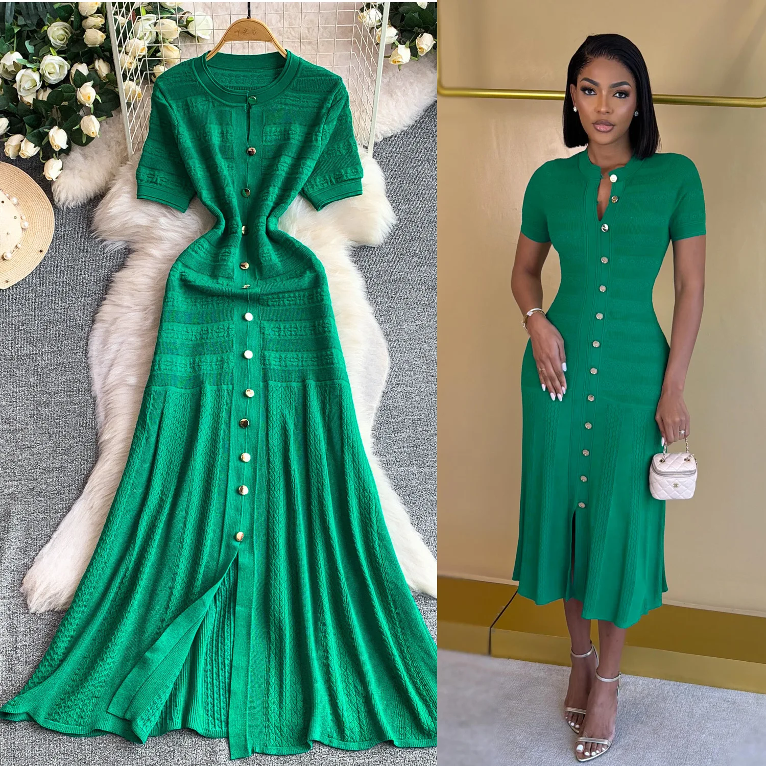 Korean-style Elegant Women's Summary Clothes With Metal Buckle, Circular Neckline, Hollow-out Knit,   Smart Fit, And A Graceful