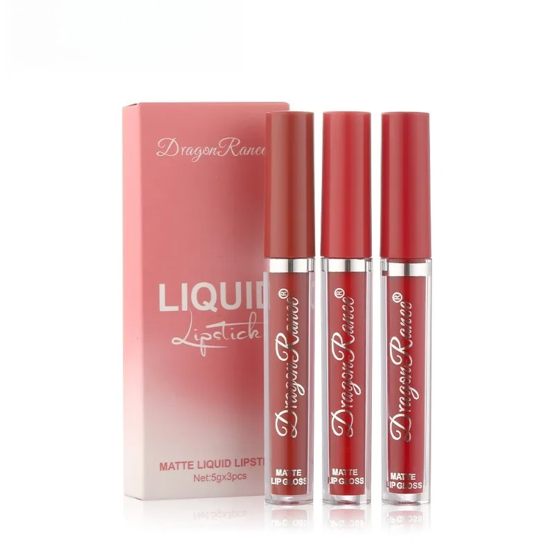 Lipgloss-Set, 3-farbiger Lippenstift, samtmattes Finish, glatt und langlebig, wasserfest, entfärbt nicht leicht, Weihnachtsgeschenkbox-Set