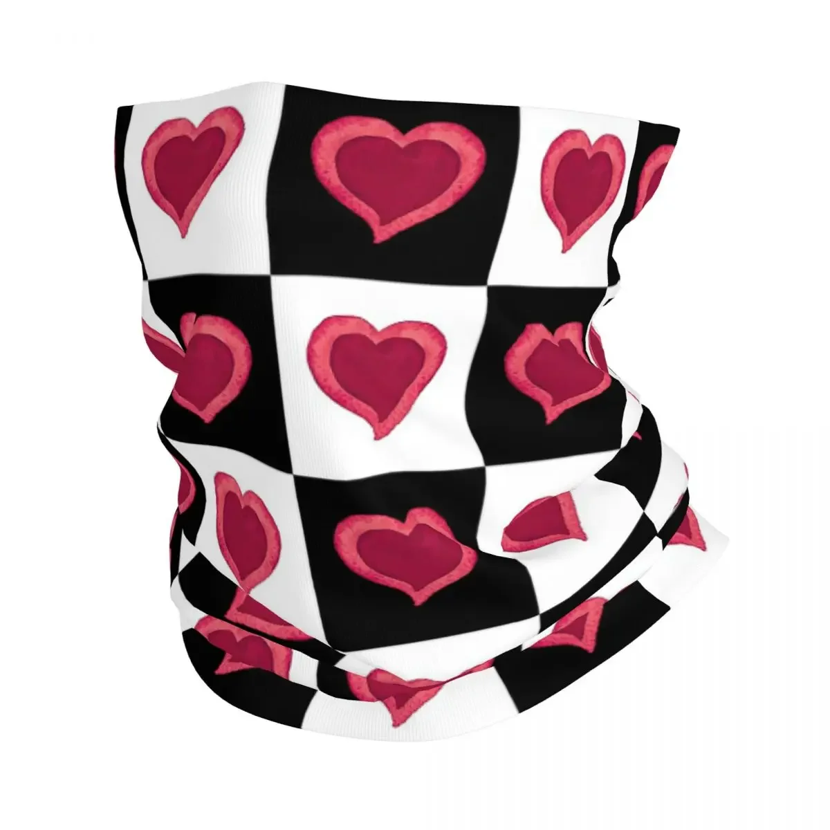 Red Watercolor Hearts Black And White Checkered Bandana Neck Cover Mask Scarf Warm Balaclava Outdoor Sports For Men Adult