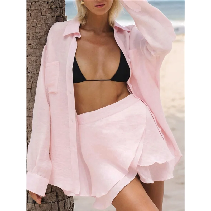 CYL-2피스 여름 의상 버튼다운 셔츠 탑과 스커트 캐주얼 라운지 세트