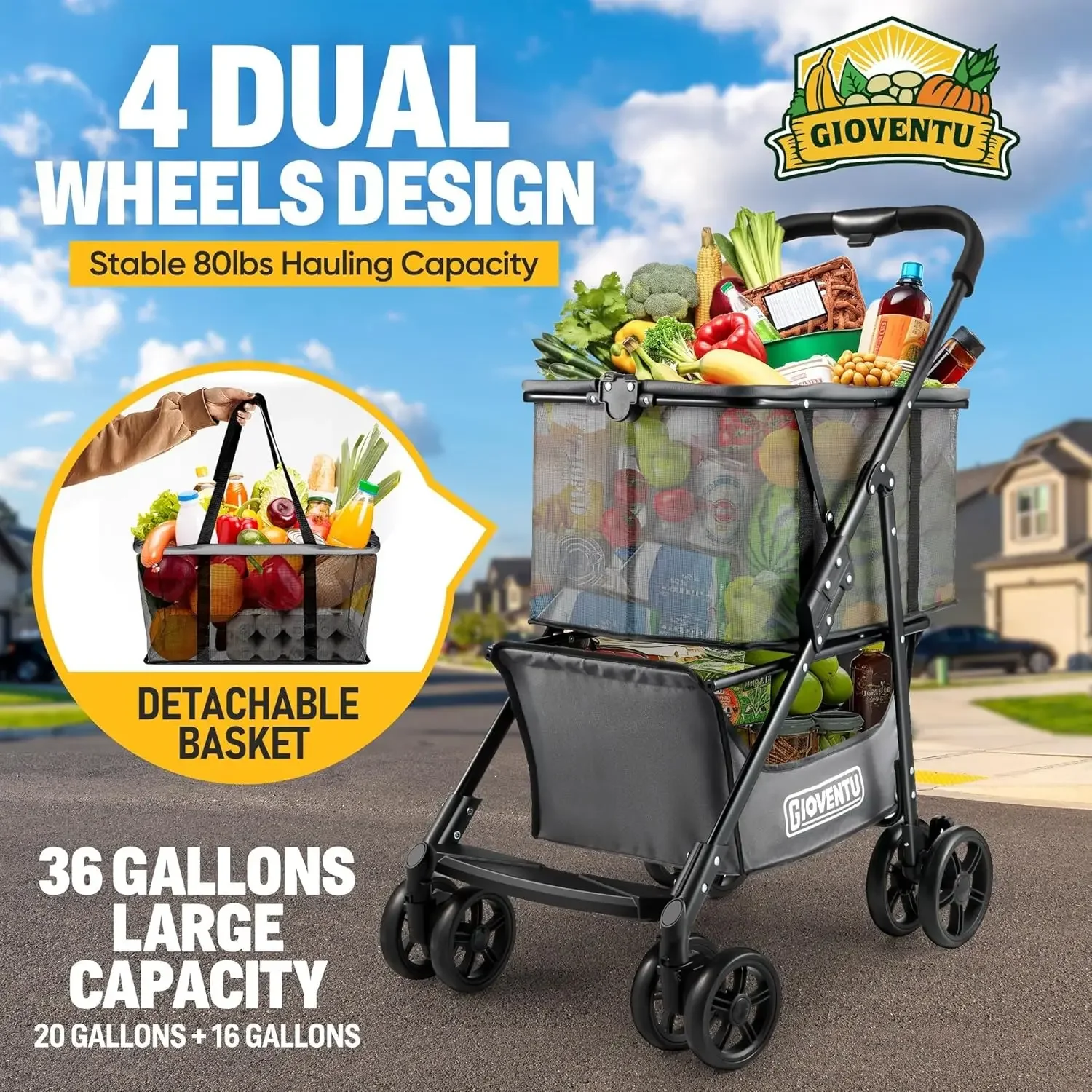 Shopping Cart with Wheels, 80lbs Multi Use Grocery Carts with 360° Wheels & Removable Tote Bag, Multifunctional Portab