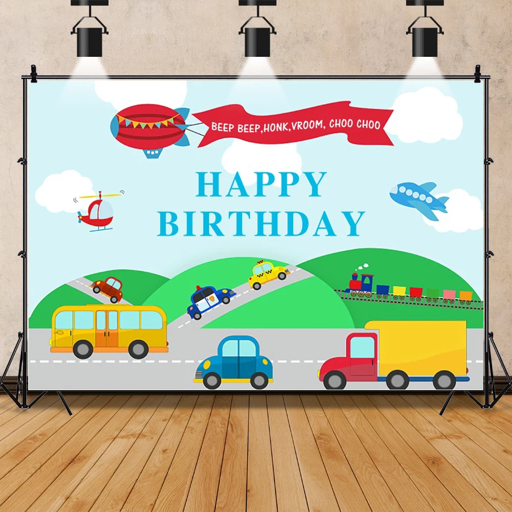 Cartoon Train Birthday Party Photography Background Transportation Theme Car Balloon Boy Girl 1st Birthday Backdrop Photo Studio