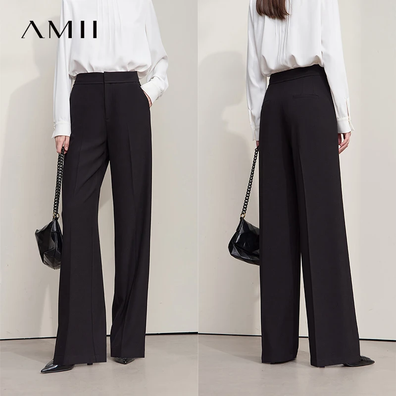 AMII Minimalistische Damen-Freizeithose 2025, Herbst, Pendeln, Business, luxuriöse schwarze Hose, leichte Stretch-Hose mit weitem Bein, 12553010