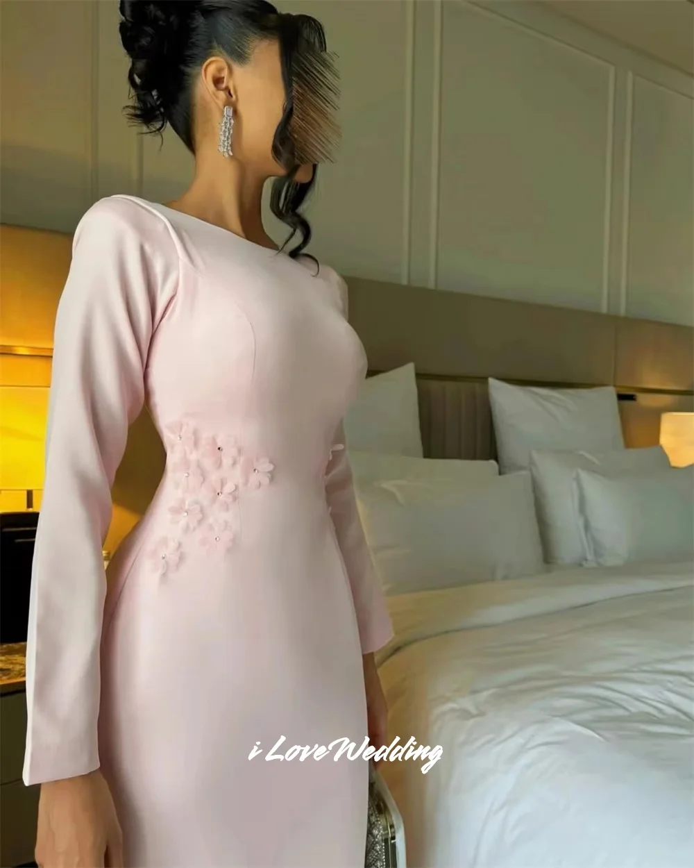 Rosa o-pescoço 3d flor vestidos de baile cetim manga longa sem costas a linha até o chão plissado moderno arábia saudita dubai personalizado