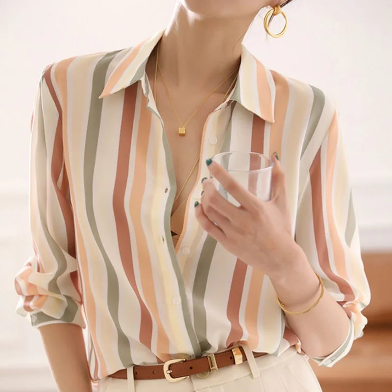 Spring Autumn Office Lady Multi Color Striped Printing Blouse Chic Turn-down Collar Button Long Sleeve Loose Chiffon Women Shirt