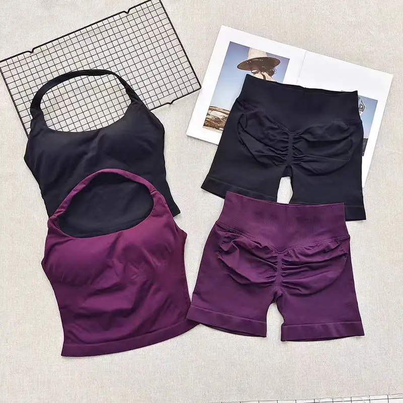 2 PCS Butter High Waist Lifting Belly Lifting Hip Sports Tat Shorts Set Push-up Anti-Shock Halter Yoga Wear Running Fitness Set