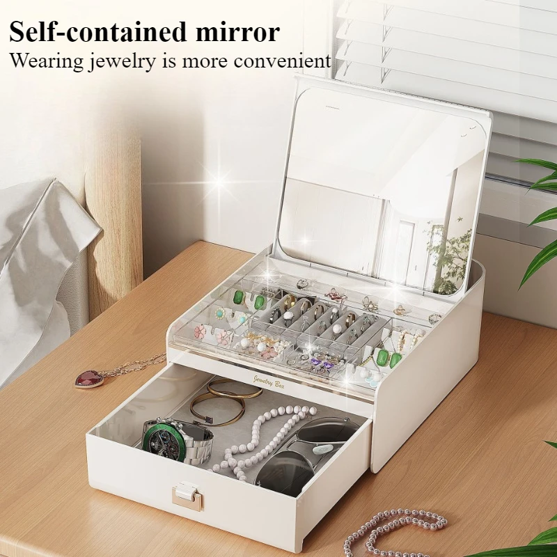 2 Layer Jewelry Box Drawer Jewelry Storage Case with Mirror White Desktop Ring Earrings Organizer Cases Household Bracelet Boxes