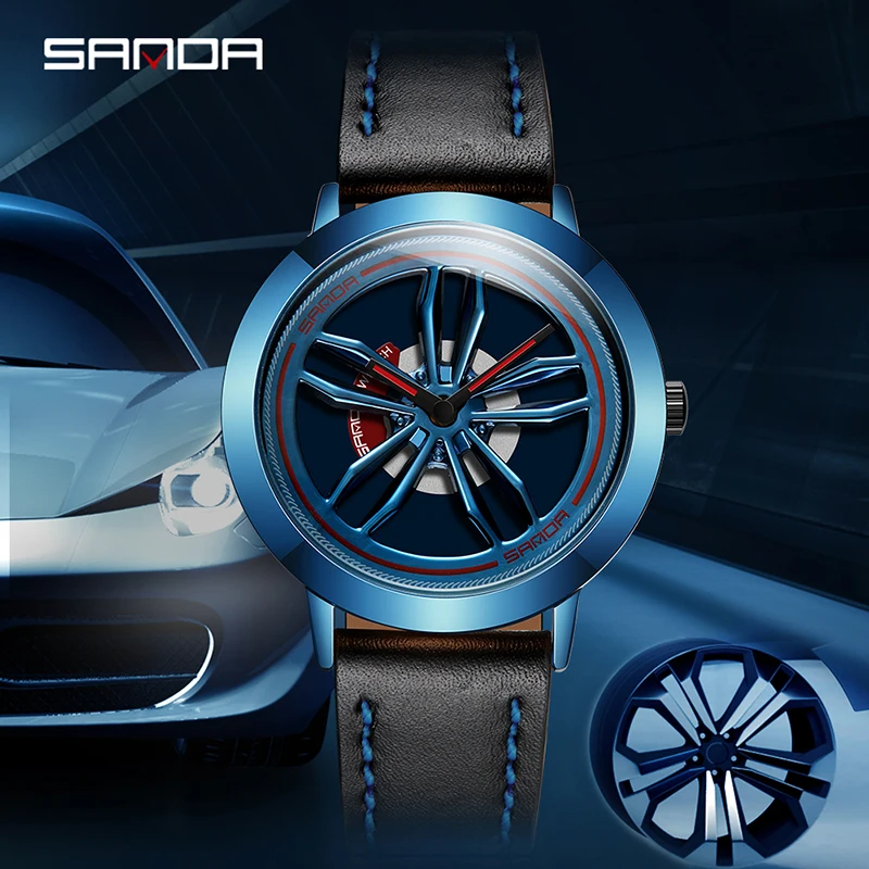 SANDA P1010 Concept Dial Modeified Car Watch for Men Wheel Hub Rotating Quartz Wristwatch Fashion Sports Male Clock Reloj Hombre