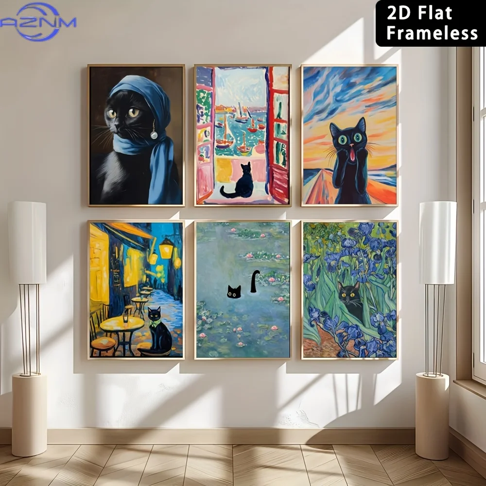 6pcs Frameless Canvas Printed Posters, Home Decoration Decorative Wall Art Interesting Black Cat Wall Art, Retro Black Cat in Fa