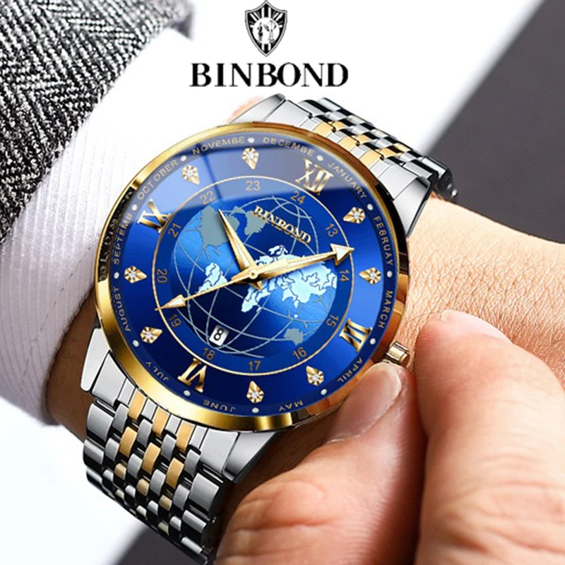 BINBOND B0117 Top Luxury Quartz Men Watches Business Calendar Luminous Stainless Steel Waterproof Fashion Casual Men Wristwatch