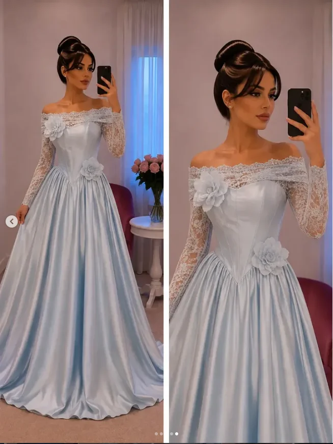 Light Blue Satin A-Line Mother of The Bride Dress Off-the-Shoulder 3D Floral Lace Princess Wedding Party Gown Customized