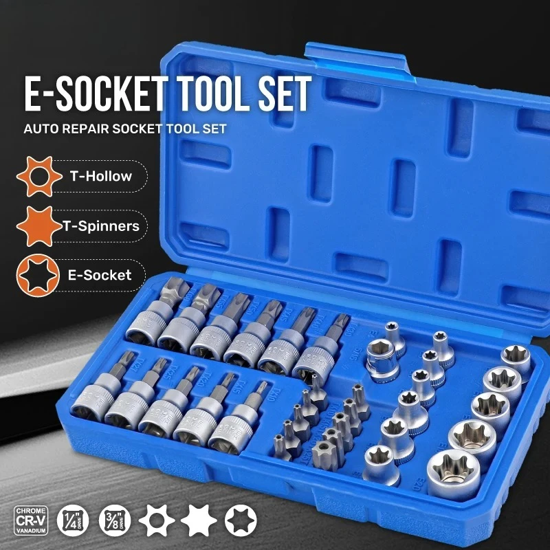 

34-Piece 3/8 and 5/16 Inch Drive Socket Set with Torx and External Star Bits with Carrying Case for Automotive and Home Repairs