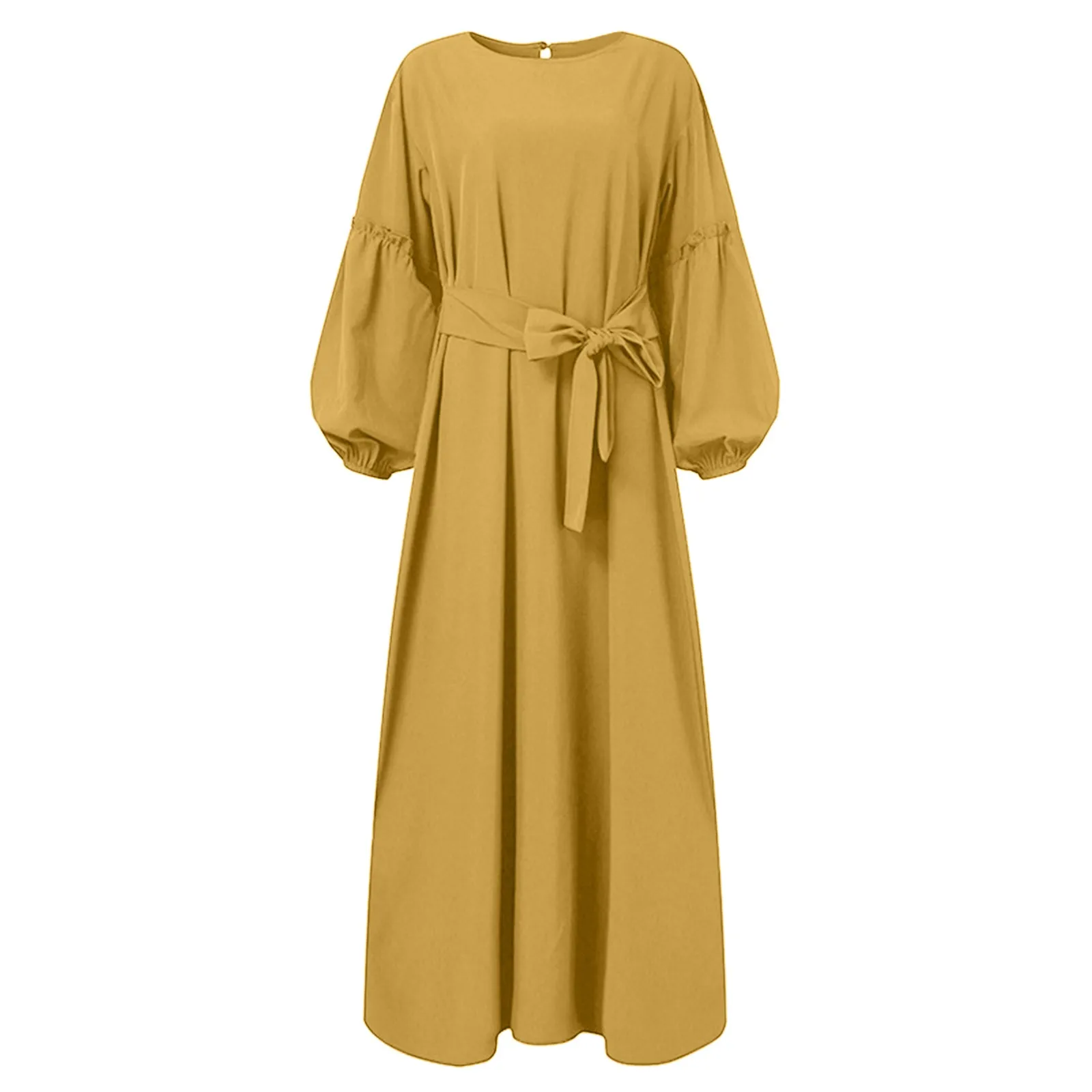 Women\'s Muslim Solid Color Long Sleeved Round Neck Ruffle Dresses Prayer Clothes Ramadan Abayas For Women Dubai Modest Robe