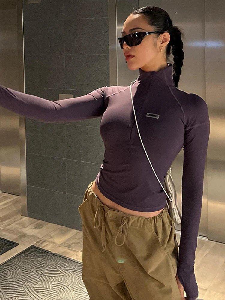 Hugcitar Fashion Fall Women Zipper Long Sleeve Bodycon T Shirt Fitness Crop Top Streetwear Y2K Clothes Outfits Sexy Korean