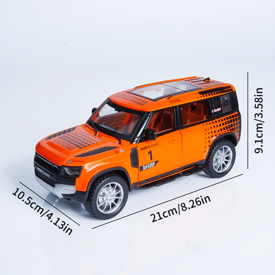 Maßstab 1:22 Legierung Orange Land Rover Automodell Spielzeugauto (kostenlose Anzeigebox), hochwertiges Automodell aus Druckguss ohne elektrischen Rückzugs-Doppeltür-Sportwagen, kreatives Sportthema, Autoventilator |   Ideales Geschenk für Männer, Desktop |   Kreative Heimtextilien-Dekoration, simulierte modische Fahrzeugsammlungen aus Metall, Partygeschenke, Geburtstage |   Weihnachtsgeschenk (Ostern / Weihnachten / Halloween)