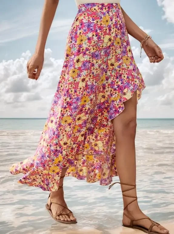 Summer Lace Up Slit Asymmetrical Ruffle Floral Skirt for Women 2026 Daily Clothing New Style Beach Female Casual Vacation Skirts
