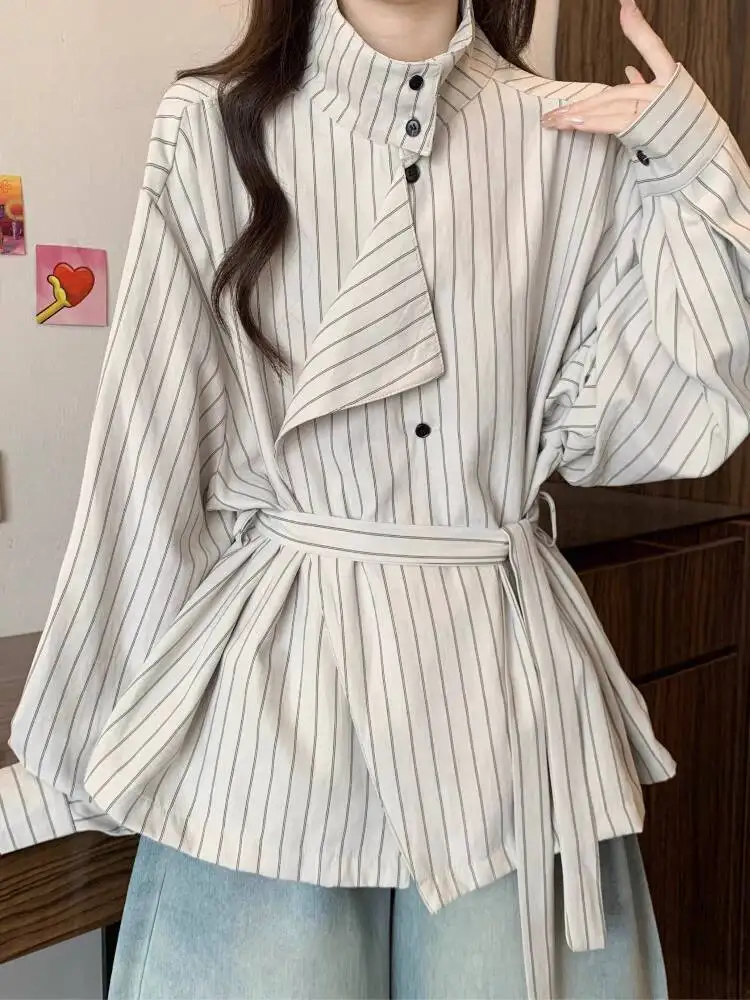 2025 Autumn New Women's Stand Collar Striped Shirt Plus Size Friendly Slim Fit Design Tie Waist Long Sleeve Shirts Top