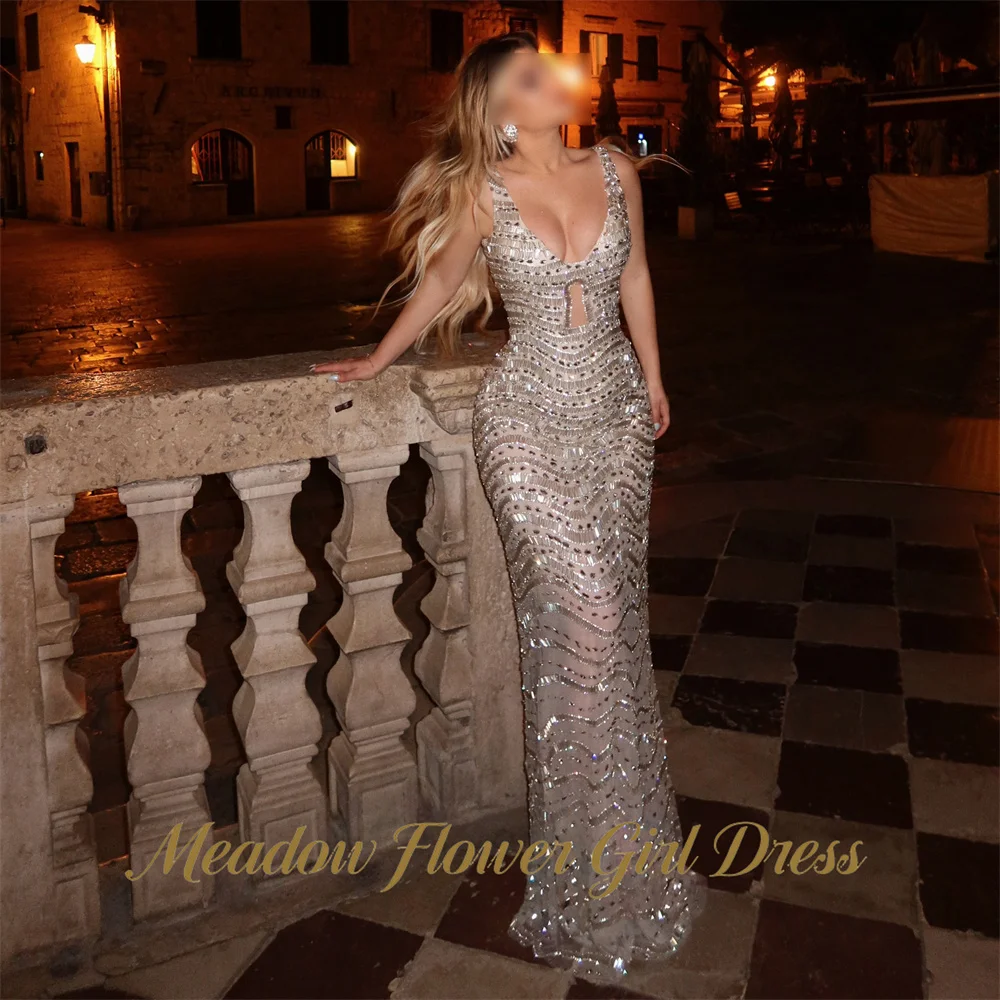 Meadow Champagne Party Dress Spaghetti Strap Sleeveless Evening Dress Glitter Sequin Trumpet فساتين السهرة Gala Dress Customized