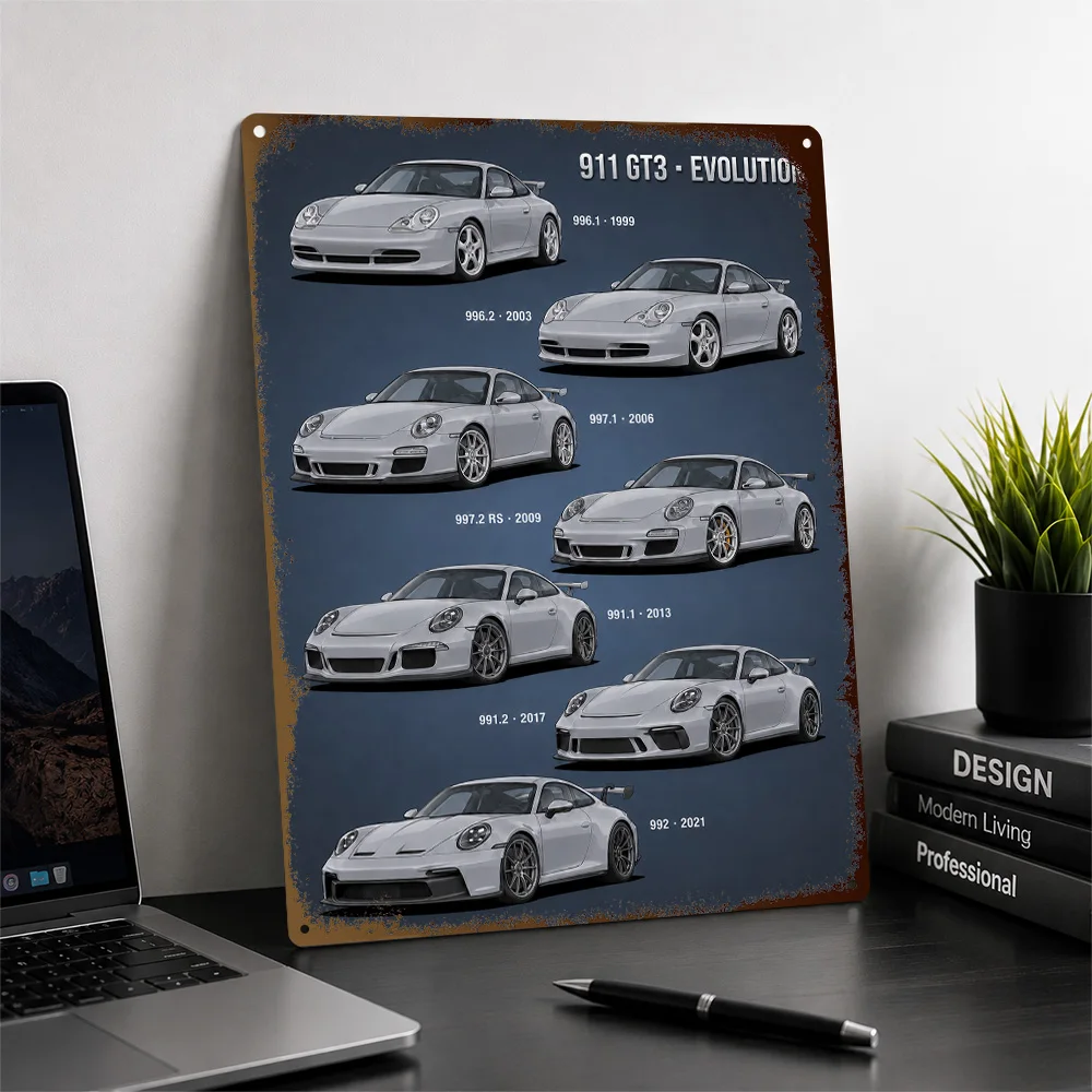 Germany 911 GT3 Evolution Silver Model Chart Printed Poster Personalized Aluminum Metal Sign Workshop Style Wall Art For A Den