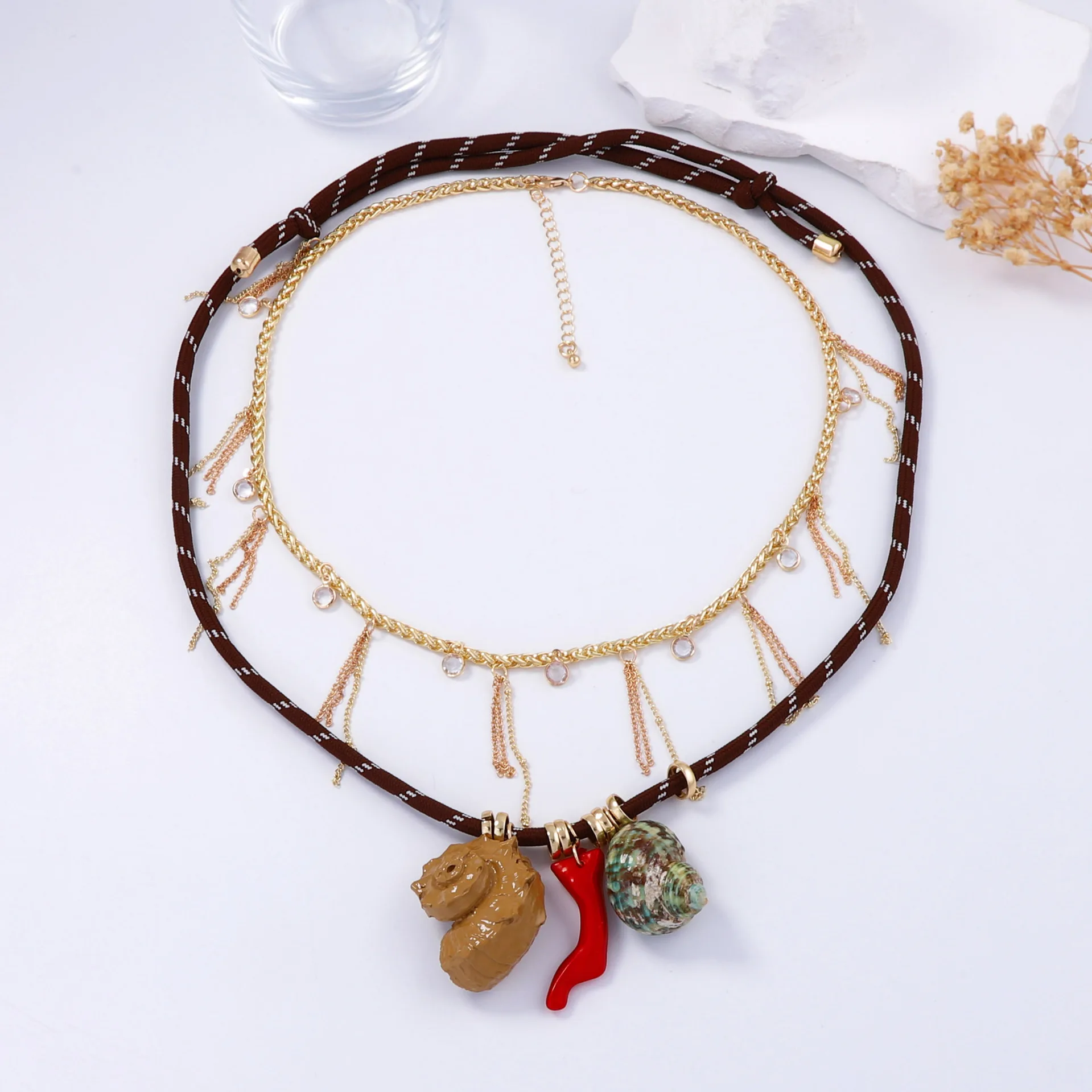 

ZAA Conch Coral Pendant Necklaces for Women Double Layered Handmade Rope Chains Boho Holiday Party Jewelry Gifts