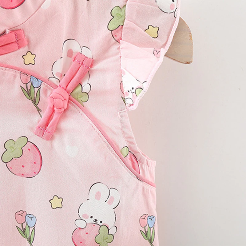 Summer Baby Girl Cotton Cloth Full Of Small Strawberry Cheongsam Dress With Tassels Chinese Style Hanfu Dress For Kids Girl