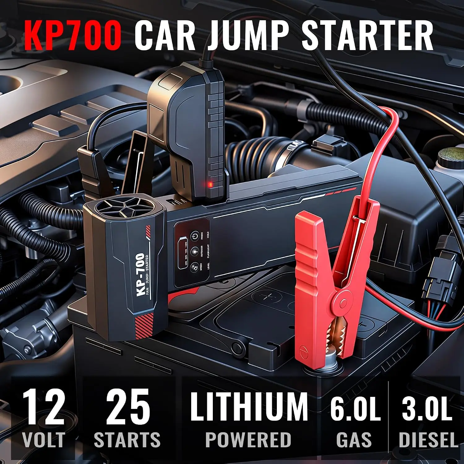 SuntNeew Jump Starter with Air Duster, 12V Portable Car Battery Booster for 6.0L Gas & 3.0L Diesel Engines, 7200mAh Auto Battery Pack with 105000RPM Blower Fan & LED Light for Road Emergency & Outdoor Camping