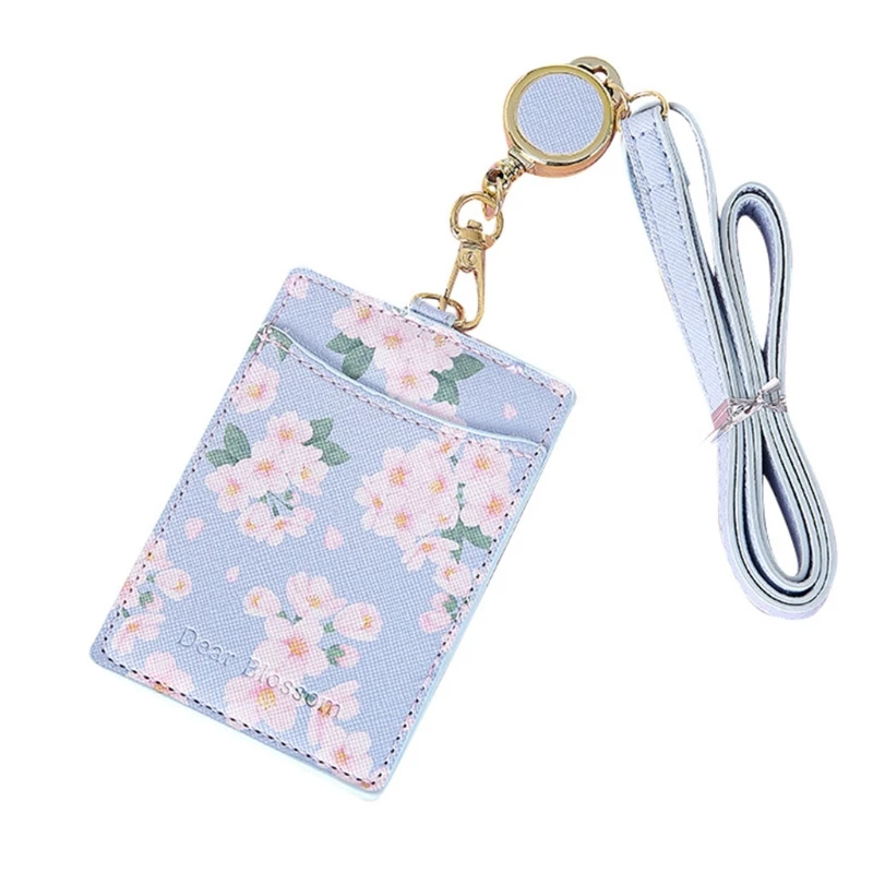 E74B FlowersPU Leather Bus Credit Card Holder for Case Portable Badge Retractable Neck Strap Lanyard