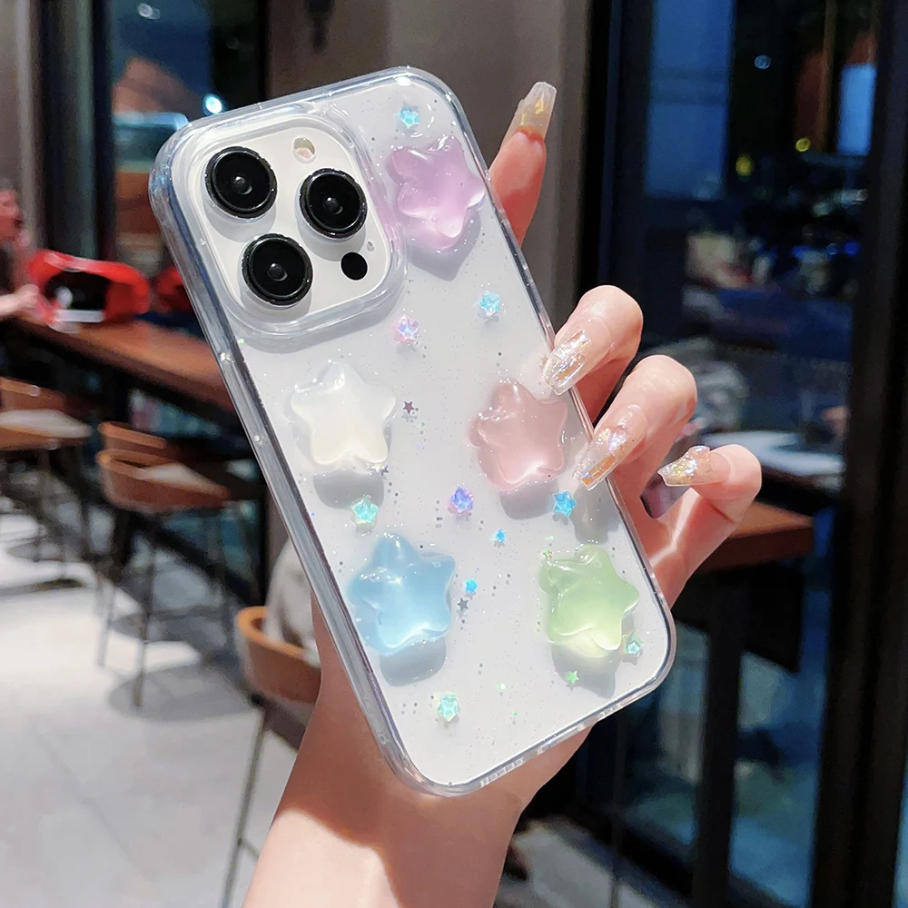 Super Cute Glow in dark Case for iPhone 15 14 13 12 11 mini Pro Max Cases Shockproof Soft Cover Lovely 3D Star kawaii Coque