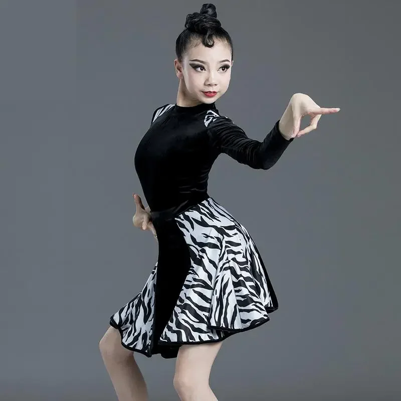 Leopard Print Girls Latin Dance Dress Children Ballroom Competition Party Stage Performance Costumes Long Sleeve Black Dress Set