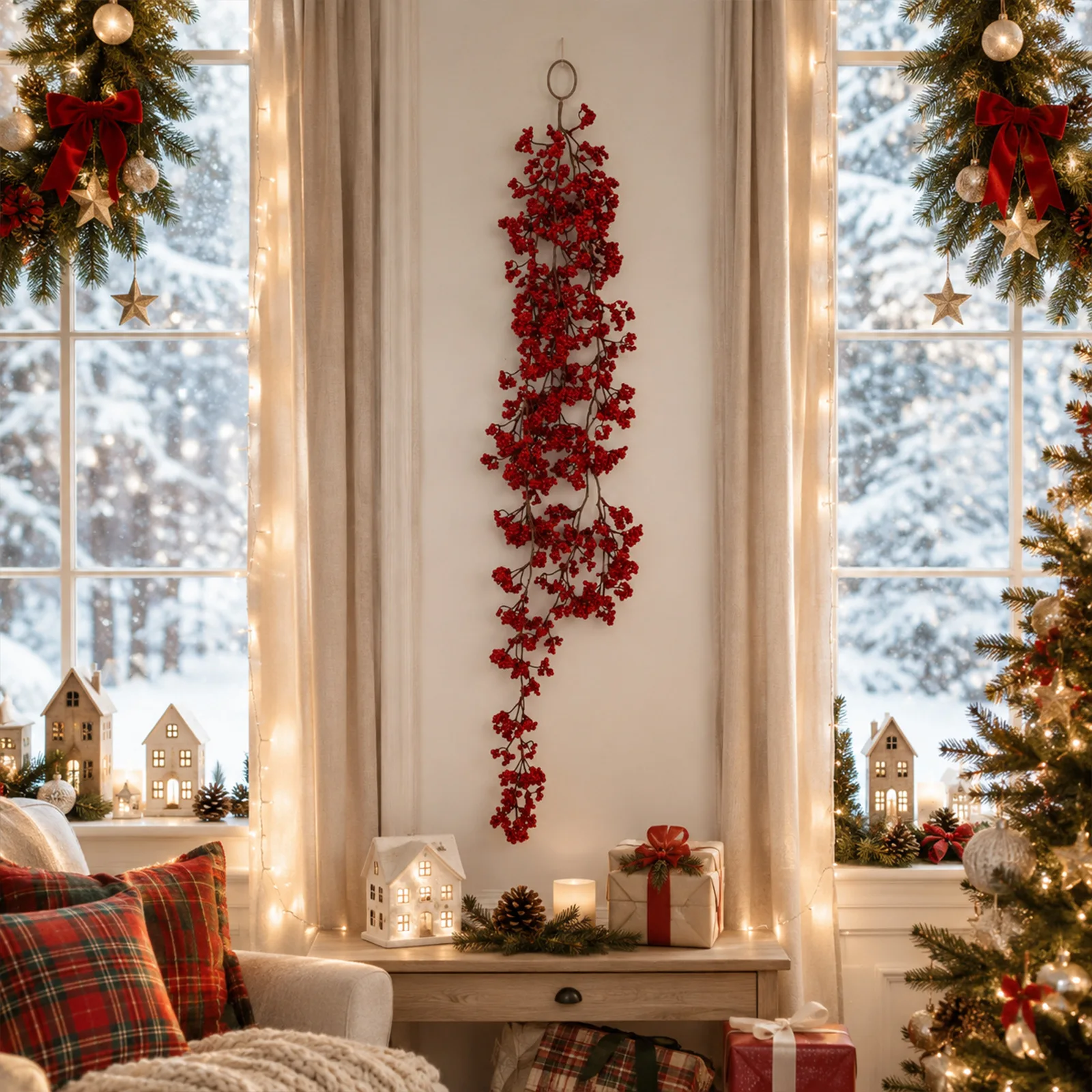 45.27 Inch Artificial Red Berry Hanging Garland Flexible Plastic Vine For Christmas Tree Home Wall Door Holiday Decoration Ornam