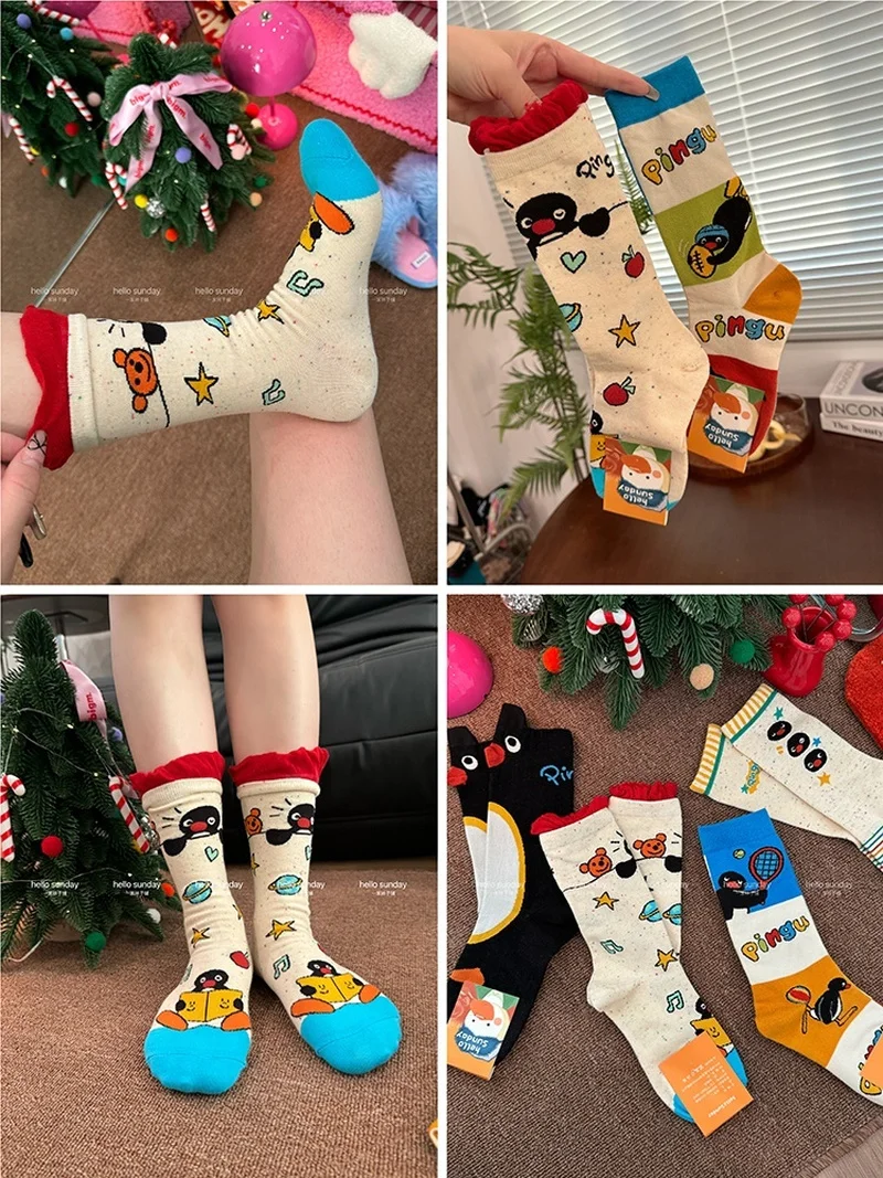 New 3/4 Pairs Pingu Medium Length Socks Women Cartoon Autumn Winter Casual Breathable Soft Fashionable Kawaii Girls Socks Gifts