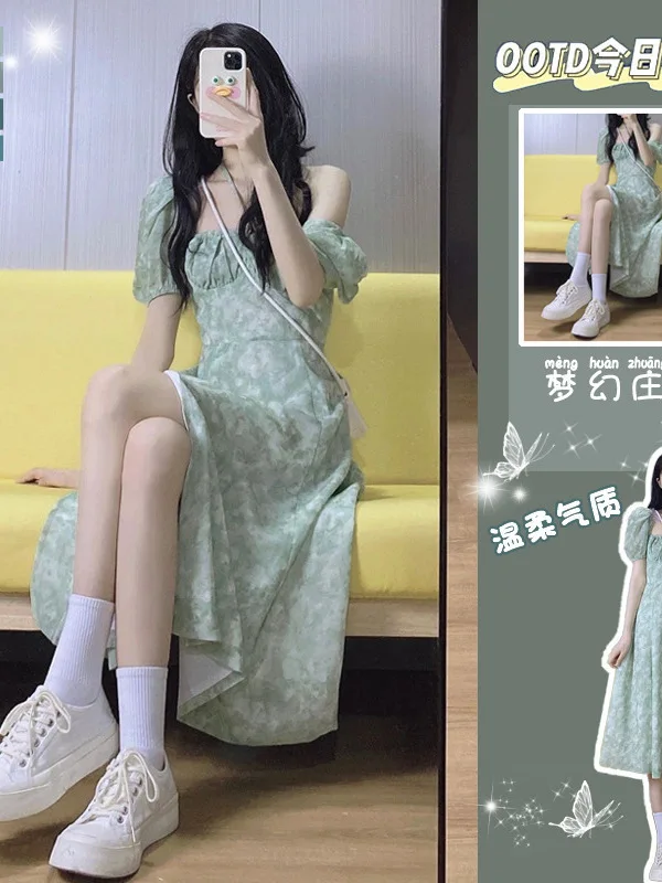 Salt and sweetness short sleeves green dress summer new French design sense small floral dress ladies' dress slim fit waist 6PPF