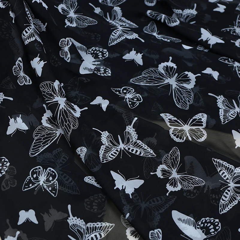 75D Printed Chiffon Fabric Micro Translucent Butterfly Flower for Sewing Summer Dresses Clothes by Meters