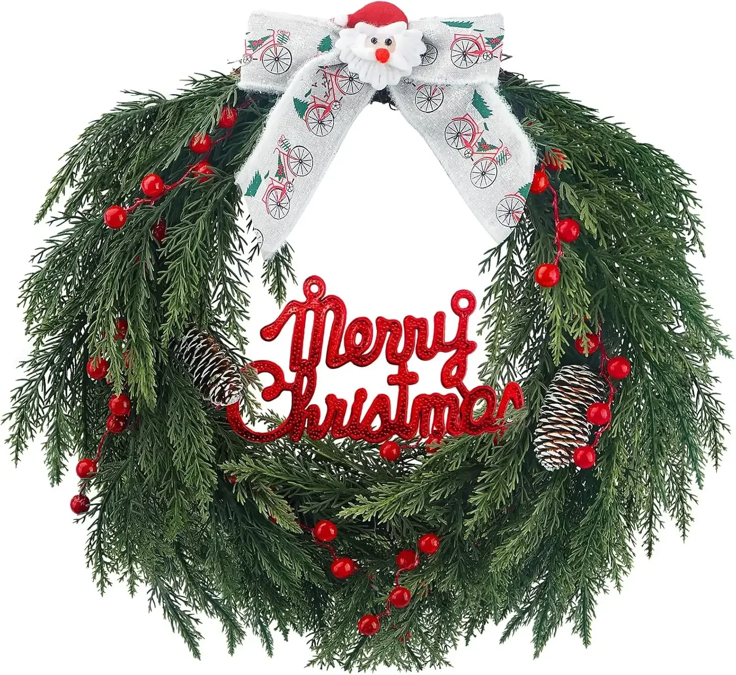 

18" Artificial Cedar Wreath – Norfolk Pine with Bows & Berries for Door, Wall & Porch – Indoor/Outdoor Decor