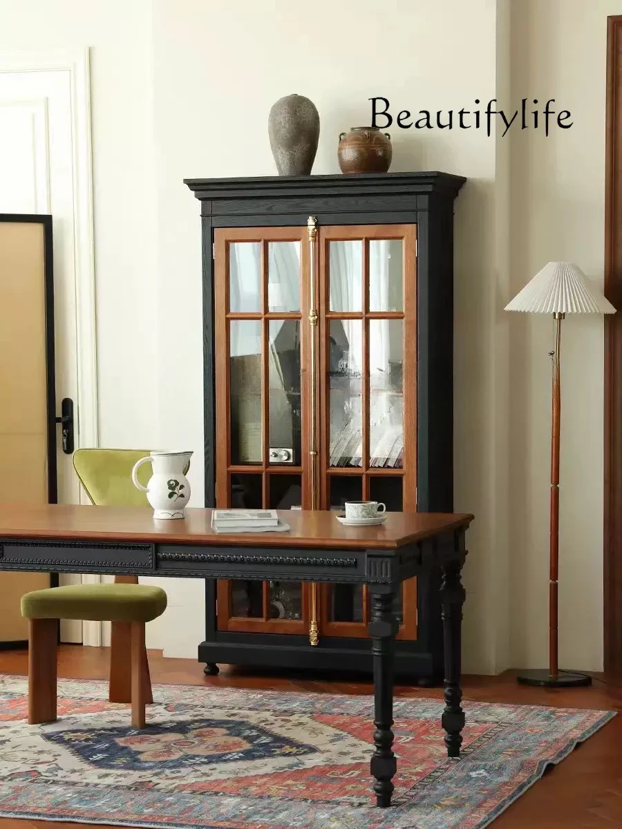 Light luxury retro solid wood wine cabinet French antique double door glass dining side display cabinet simple storage