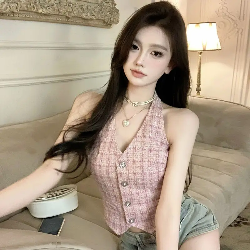 Pure Desire Spring Women's V-Neck Plaid Sleeveless Hanging Neck Jacket Short Top A-Line Narrow Strap Vest Ultra Short Length