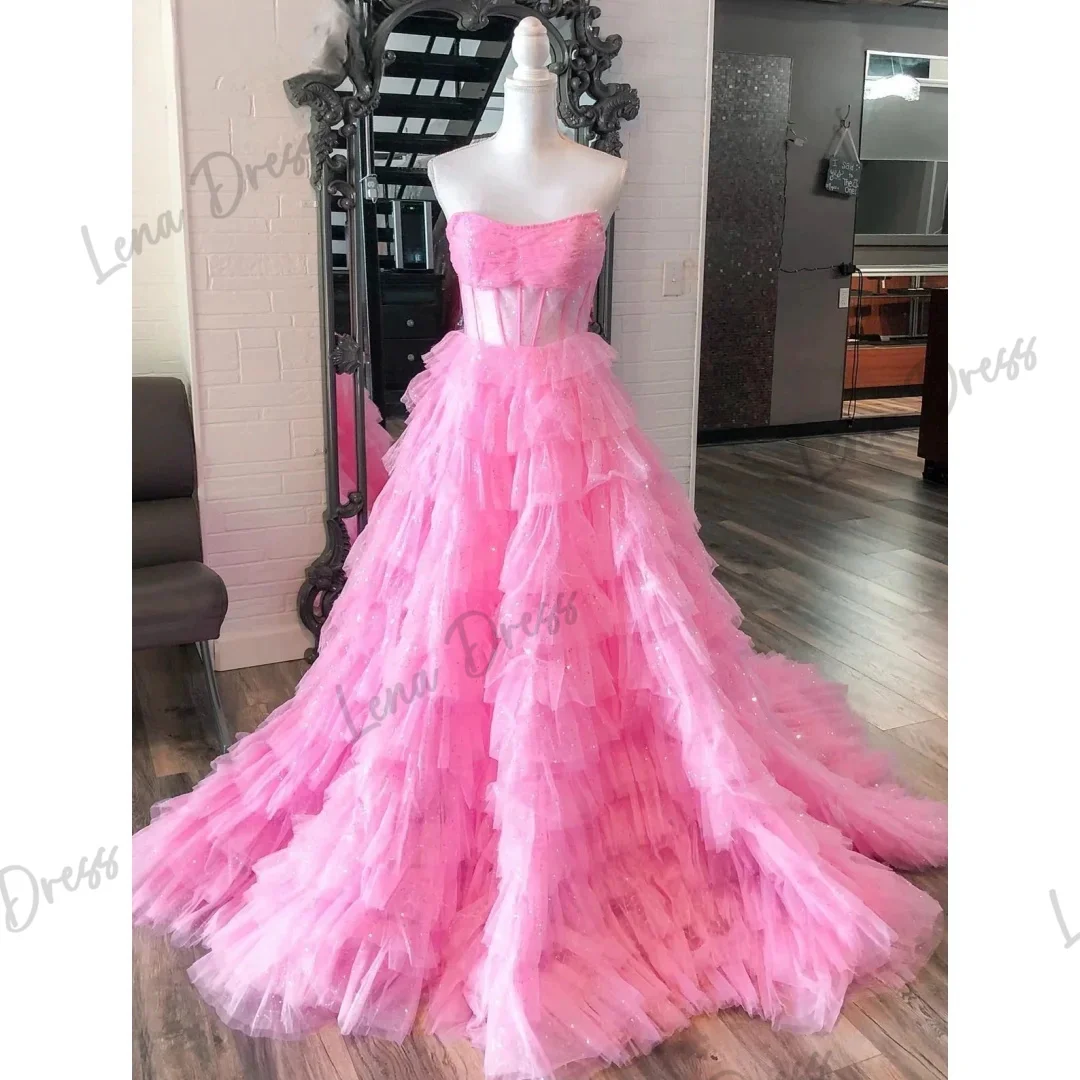 Lena-Pink sequin sheer ball dress with multiple layers and floor length strapless women's evening dress