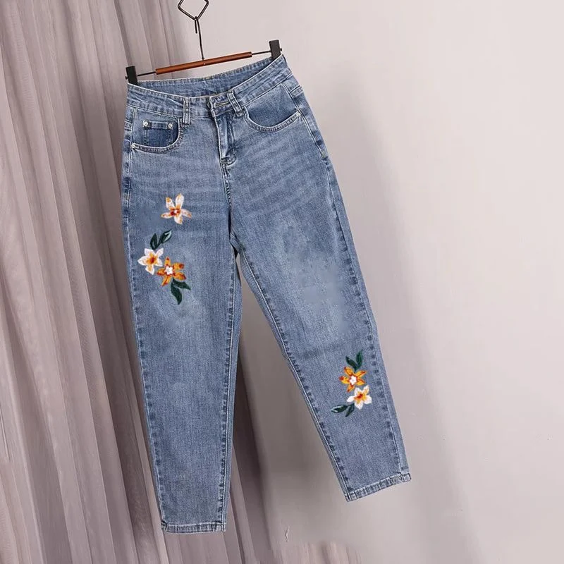 

Summer New Slimming Embroidered Harlan High Waist Loose Fit Thin Denim Jeans Cotton Stretch Fabric Qui Dry hine Waable
