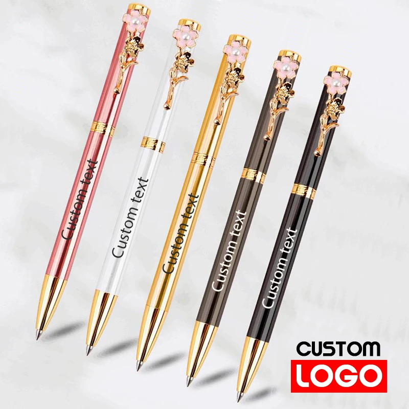 10pcs Ballpoint Pen Retractable Smooth Writing Stationery Cute Faux Pearl Peach Blossom Clip Writing Pen School Supply