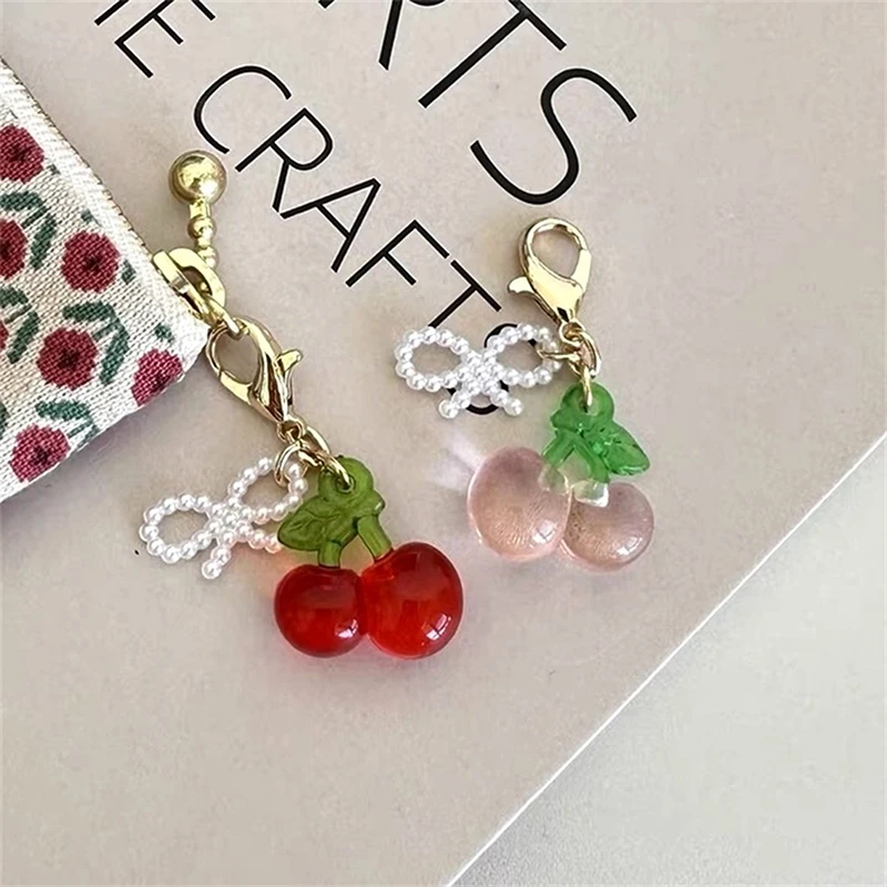 Rustic style Fresh and Sweet Crystal Cherry Keychain Strawberry Pearl Chain Bag Pendant Coin Purse Earphone Case Small Charm