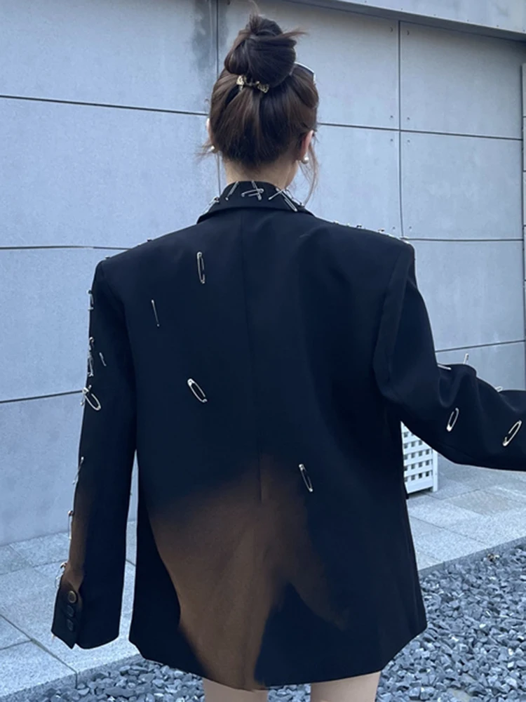 YERMORA Black Metal Pin Big Size Design Blazer For Women Lapel Long Sleeve Loose New Jacket Fashion Tide Spring Autumn 2025