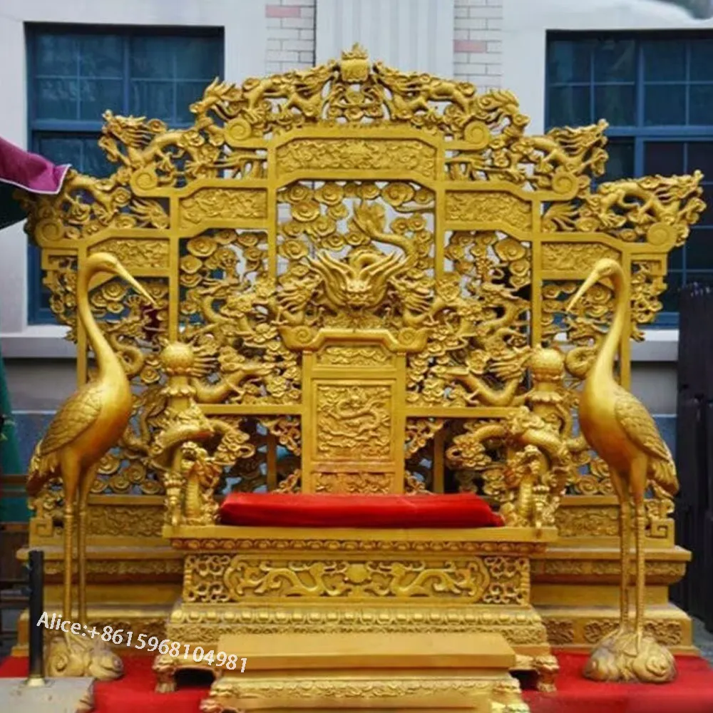 Chinese Antique Emperor Gold Plated Dragon Chair classical Golden imperial Dragon chair throne engraving For Collection