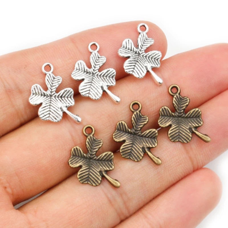 40pcs Bronze Antique Silver Plated Cute Clover Leaf Handmade Charms Pendant DIY Jewelry Making Accessories for bracelet necklace