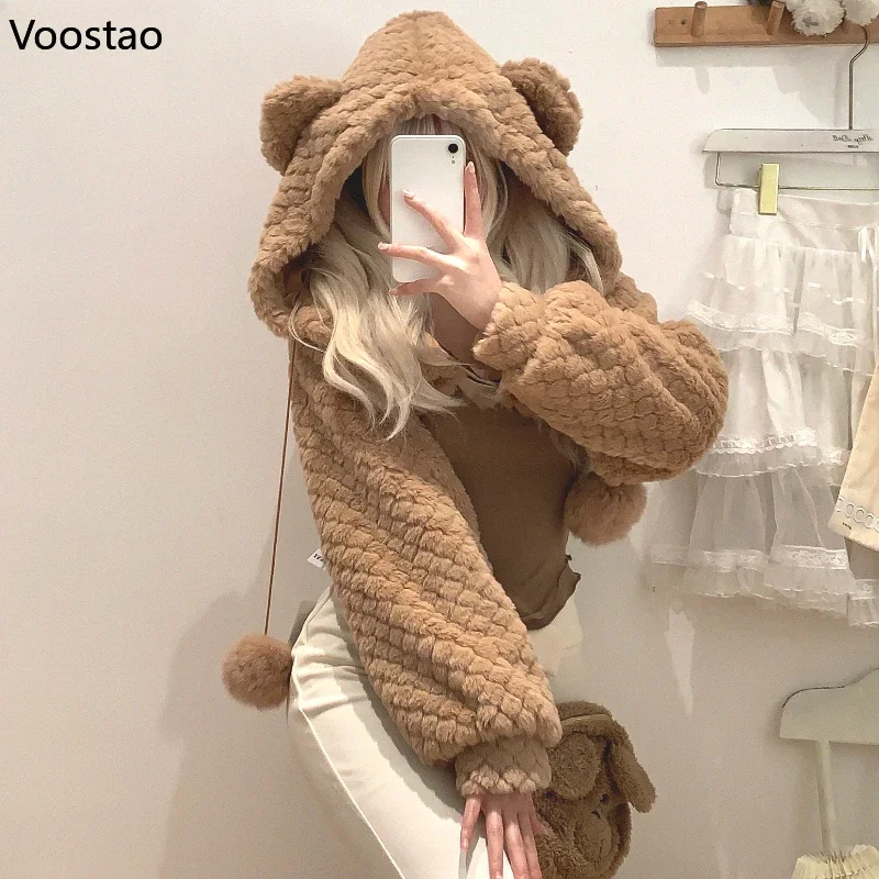 Kawaii Rabbit Ears Hooded Coats Women Casual Cute Bear Plush Warm Short Jackets Female Cute Korean Sweet Bunny Cardigan Outwear